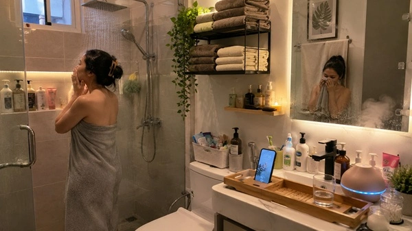A small bathroom with spa-style home improvement gifts like soft towels, rain shower head, and wooden accessories in real use