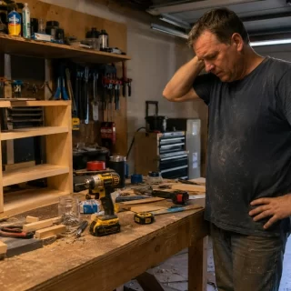 A cluttered home garage workspace with scattered tools, a half-finished wood project, and a man pausing mid-task while searching for a missing tool.