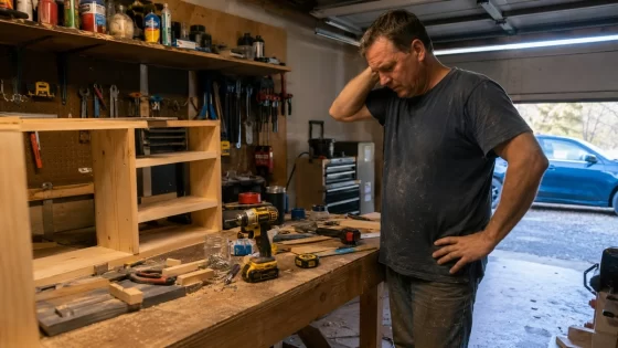 A cluttered home garage workspace with scattered tools, a half-finished wood project, and a man pausing mid-task while searching for a missing tool.