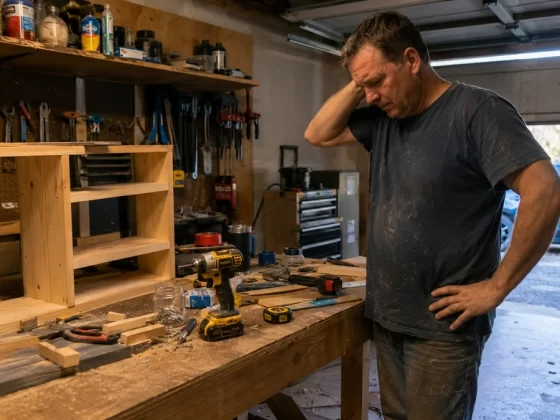 A cluttered home garage workspace with scattered tools, a half-finished wood project, and a man pausing mid-task while searching for a missing tool.