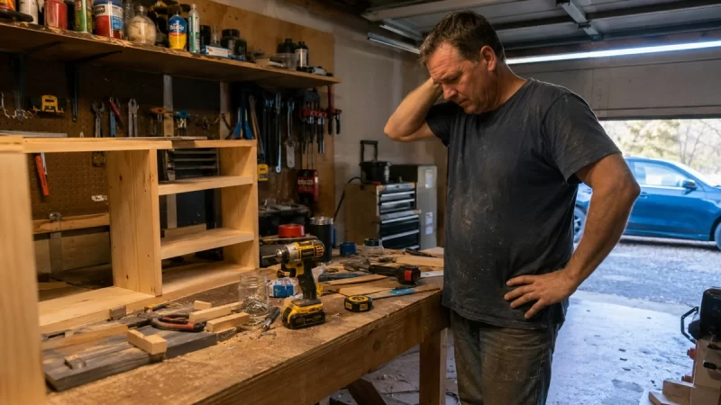 A cluttered home garage workspace with scattered tools, a half-finished wood project, and a man pausing mid-task while searching for a missing tool.