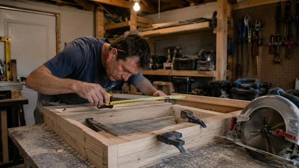Close view of a DIY woodworking mistake being corrected, with uneven wood alignment and tools scattered around.