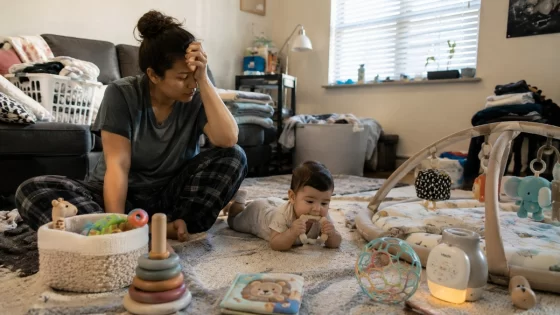 Parent sitting on a messy living room floor with a 6-month-old baby holding a teether and scattered baby toys around them in natural morning light