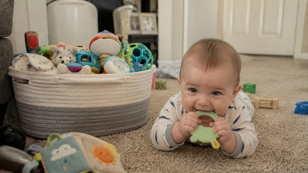 Basket of unused baby toys in corner while a baby plays with a simple teether on the floor nearby
