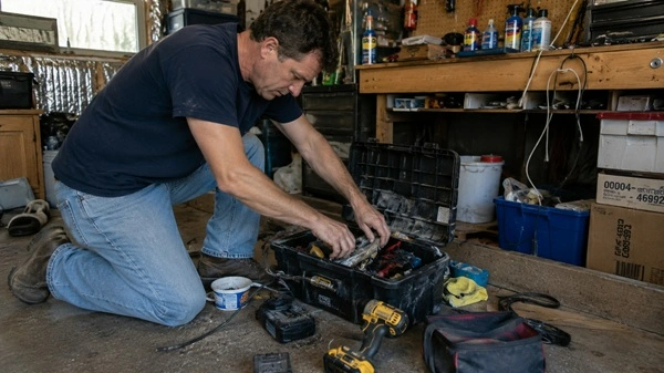 A DIY father searching through a messy toolbox and charging cables before starting a project in a cluttered garage.