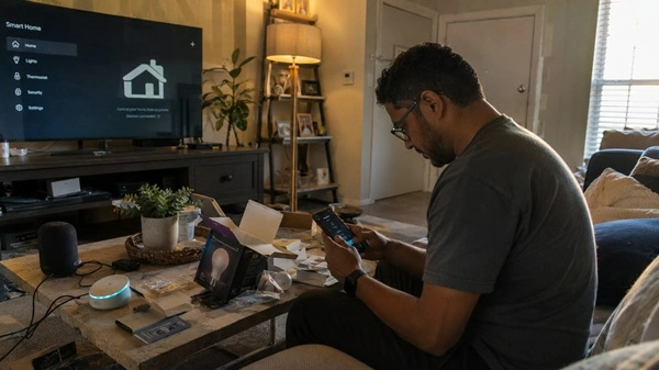 A person setting up smart home devices with visible gadgets like smart bulbs, hub, and phone app in a real messy living room